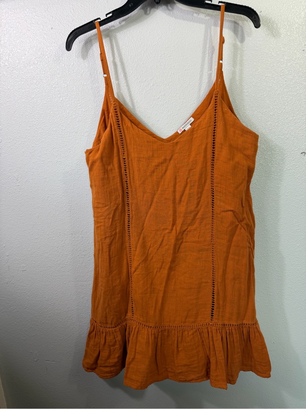 Spaghetti-Strap Rust Orange Ruffle-Hem Mini Dress